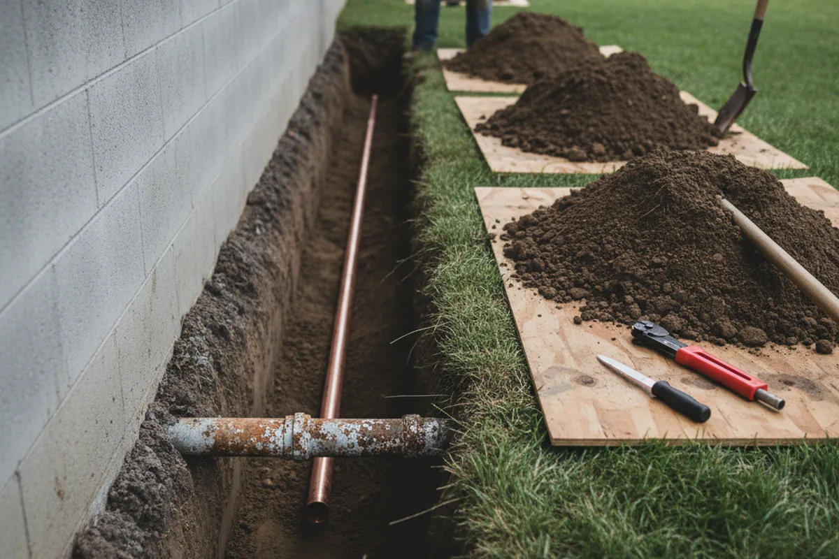 Excavated water line trench during Sewer Line Repair in Leivasy